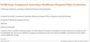 NURS 6050 Assignment Assessing a Healthcare Program Policy Evaluation