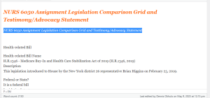 NURS 6050 Assignment Legislation Comparison Grid and Testimony Advocacy Statement