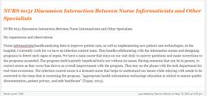 NURS 6051 Discussion Interaction Between Nurse Informaticists and Other Specialists