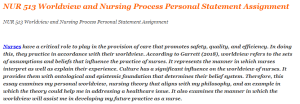 NUR 513 Worldview and Nursing Process Personal Statement Assignment
