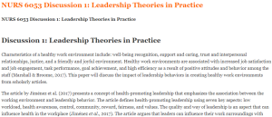 NURS 6053 Discussion 1 Leadership Theories in Practice