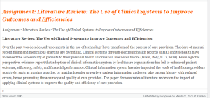 Assignment Literature Review The Use of Clinical Systems to Improve Outcomes and Efficiencies