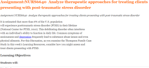 Assignment NURS6640  Analyze therapeutic approaches for treating clients presenting with post-traumatic stress disorder