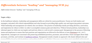 Differentiate between leading  and managing NUR 514
