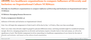 Identify two healthcare organizations to compare Influence of Diversity and Inclusion on Organizational Culture NURS6221