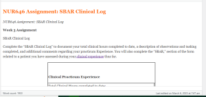 NUR646 Assignment SBAR Clinical Log