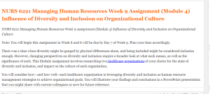 NURS 6221 Managing Human Resources Week 9 Assignment (Module 4) Influence of Diversity and Inclusion on Organizational Culture