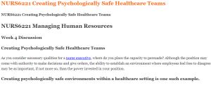NURS6221 Creating Psychologically Safe Healthcare Teams