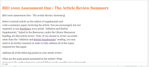 BIO 1000 Assessment One  The Article Review Summary