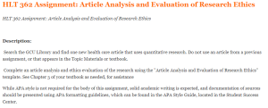 HLT 362 Assignment Article Analysis and Evaluation of Research Ethics