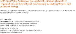 MBA 6024 Unit 4 Assignment One Analyze the strategic elements of organizations and their external environments by applying theories and models of strategy