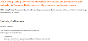 MBA 6024 Unit 4 Discussion Question Evaluating environmental and industry influences that create strategic opportunities or issues