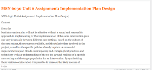 MSN 6030 Unit 6 Assignment  Implementation Plan Design