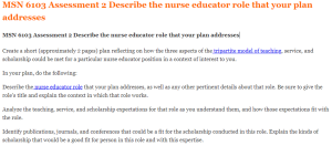 MSN 6103 Assessment 2 Describe the nurse educator role that your plan addresses