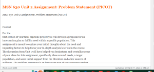 MSN 630 Unit 2 Assignment  Problem Statement (PICOT)