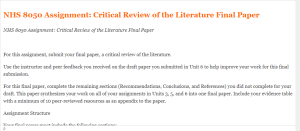 NHS 8050 Assignment  Critical Review of the Literature Final Paper