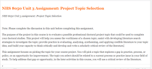 NHS 8050 Unit 3 Assignment  Project Topic Selection