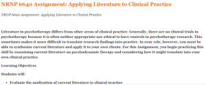 NRNP 6640 Assignment Applying Literature to Clinical Practice