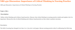 NRS 430 Discussion Importance of Critical Thinking in Nursing Practice