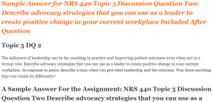 NRS 440 Topic 5 Discussion Question Two Describe advocacy strategies that you can use as a leader to create positive change in your current workplace