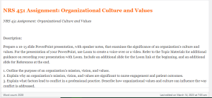 NRS 451 Assignment Organizational Culture and Values