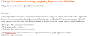 NRS 451 Discussion  Summary on Quality Improvement Initiative