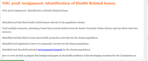 NSG 3028 Assignment  Identification of Health Related Issues