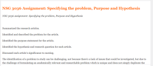 NSG 3036 Assignment Specifying the problem, Purpose and Hypothesis