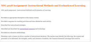 NSG 4028 Assignment  Instructional Methods and Evaluation of Learning