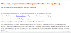 NSG 4029 Assignment Time Management and Leadership Theory