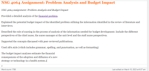 NSG 4064 Assignment  Problem Analysis and Budget Impact