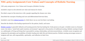 NSG 4065 Assignment  Core Values and Concepts of Holistic Nursing