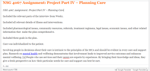 NSG 4067 Assignment Project Part IV – Planning Care