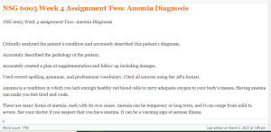 NSG 6005 Week 4 Assignment Two  Anemia Diagnosis