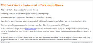 NSG 6005 Week 9 Assignment 2  Parkinson’s Disease