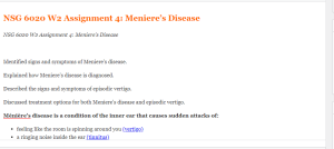 NSG 6020 W2 Assignment 4  Meniere’s Disease