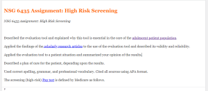 NSG 6435 Assignment High Risk Screening