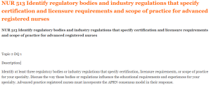 NUR 513 Identify regulatory bodies and industry regulations that specify certification and licensure requirements and scope of practice for advanced registered nurses
