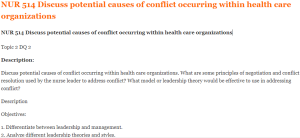 NUR 514 Discuss potential causes of conflict occurring within health care organizations