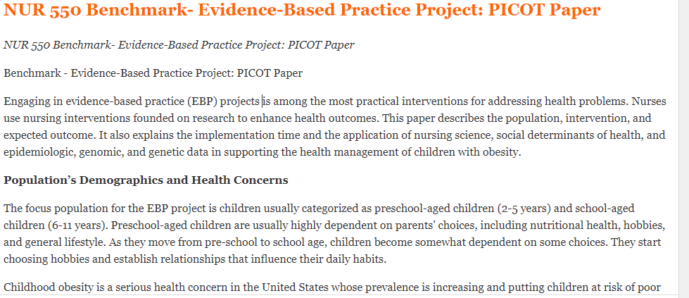 Benchmark - Evidence-Based Practice Project: PICOT Paper NUR 550 • Online  Nursing Essays