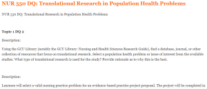 NUR 550 DQ Translational Research in Population Health Problems