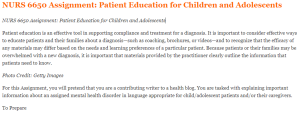 NURS 6650 Assignment Patient Education for Children and Adolescents