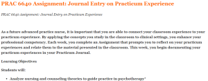 PRAC 6640 Assignment Journal Entry on Practicum Experience