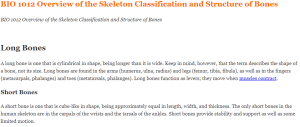 BIO 1012 Overview of the Skeleton Classification and Structure of Bones