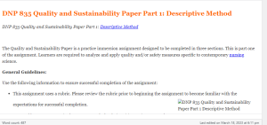 DNP 835 Quality and Sustainability Paper Part 1 Descriptive Method