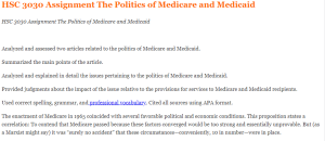 HSC 3030 Assignment The Politics of Medicare and Medicaid