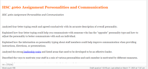 HSC 4060 Assignment Personalities and Communication