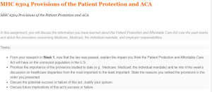 MHC 6304 Provisions of the Patient Protection and ACA
