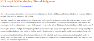 NUR 2058 DQ Developing Clinical Judgment