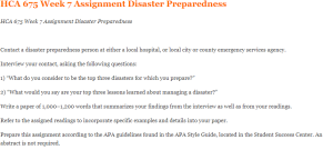 HCA 675 Week 7 Assignment Disaster Preparedness